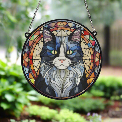 Cat Black & White Stained Glass Effect Suncatcher